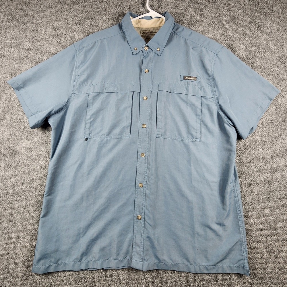 Eddie Bauer Mens XL Blue Short Sleeve Fishing Shirt Hiking Button Down Outdoor